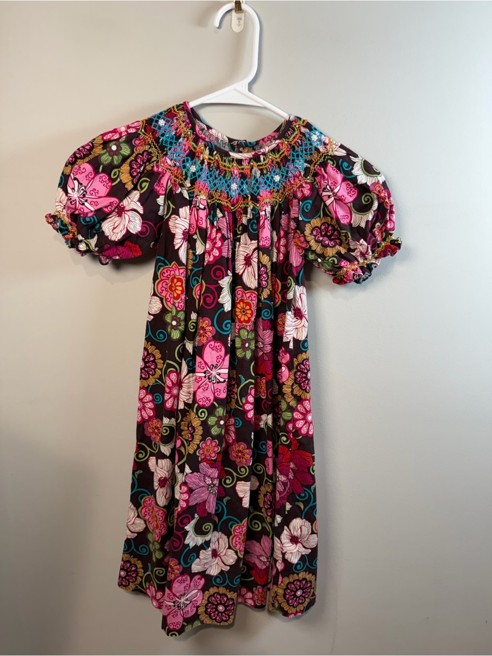 Mom & Me Brown Hand Smocked Floral Bishop Dress Size 5